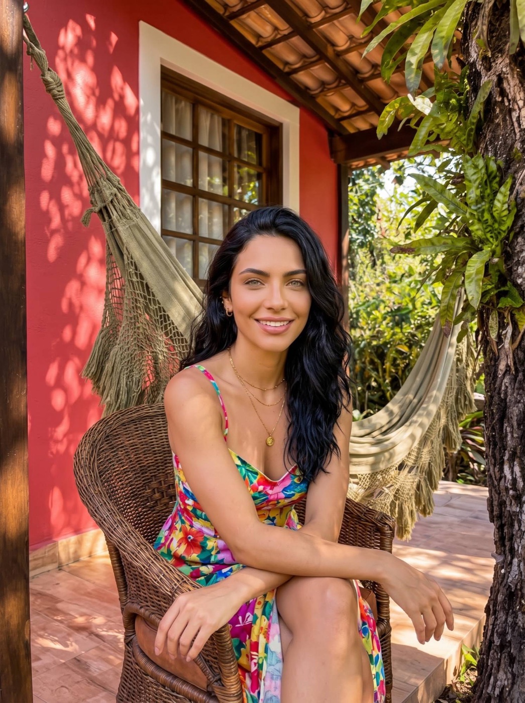 Apresentadora sorrindo sentada em poltrona de vime na varanda de um chalé, com rede e jardim ao fundo